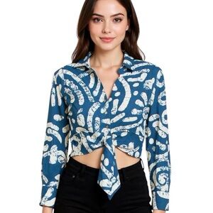 Anthropologie Haute Hippie 55% Linen Abstract Blue & White Tie-Front Crop Top